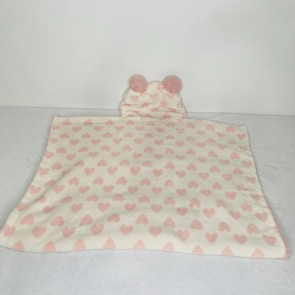 Chick Pea Pink Hearts Plush Hooded Pom Pom Blanket Throw 30x30 Lovey